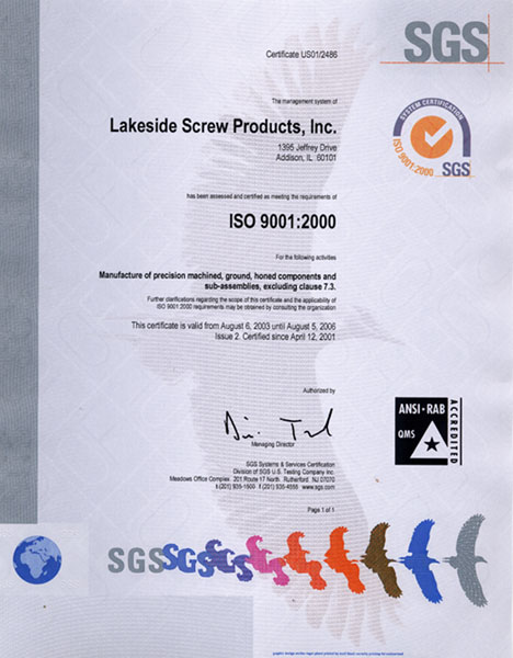 Lakeside Screw's ISO 9001:2000 certficate